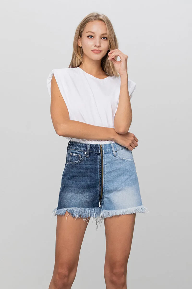 Zip Code Two-Tone Denim Shorts